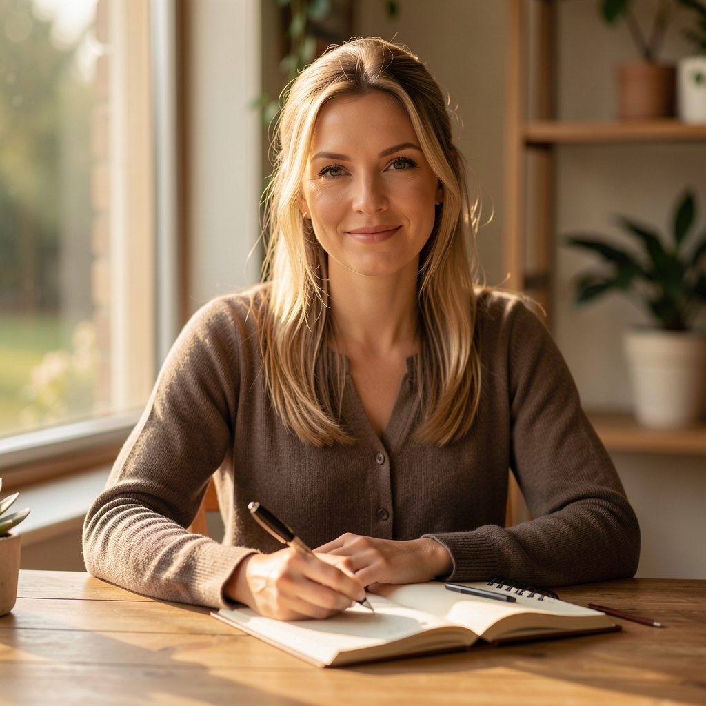 Editorial portrait of a wellness coach at a desk with notebooks and natural light, focused expression, calm studio atmosphere