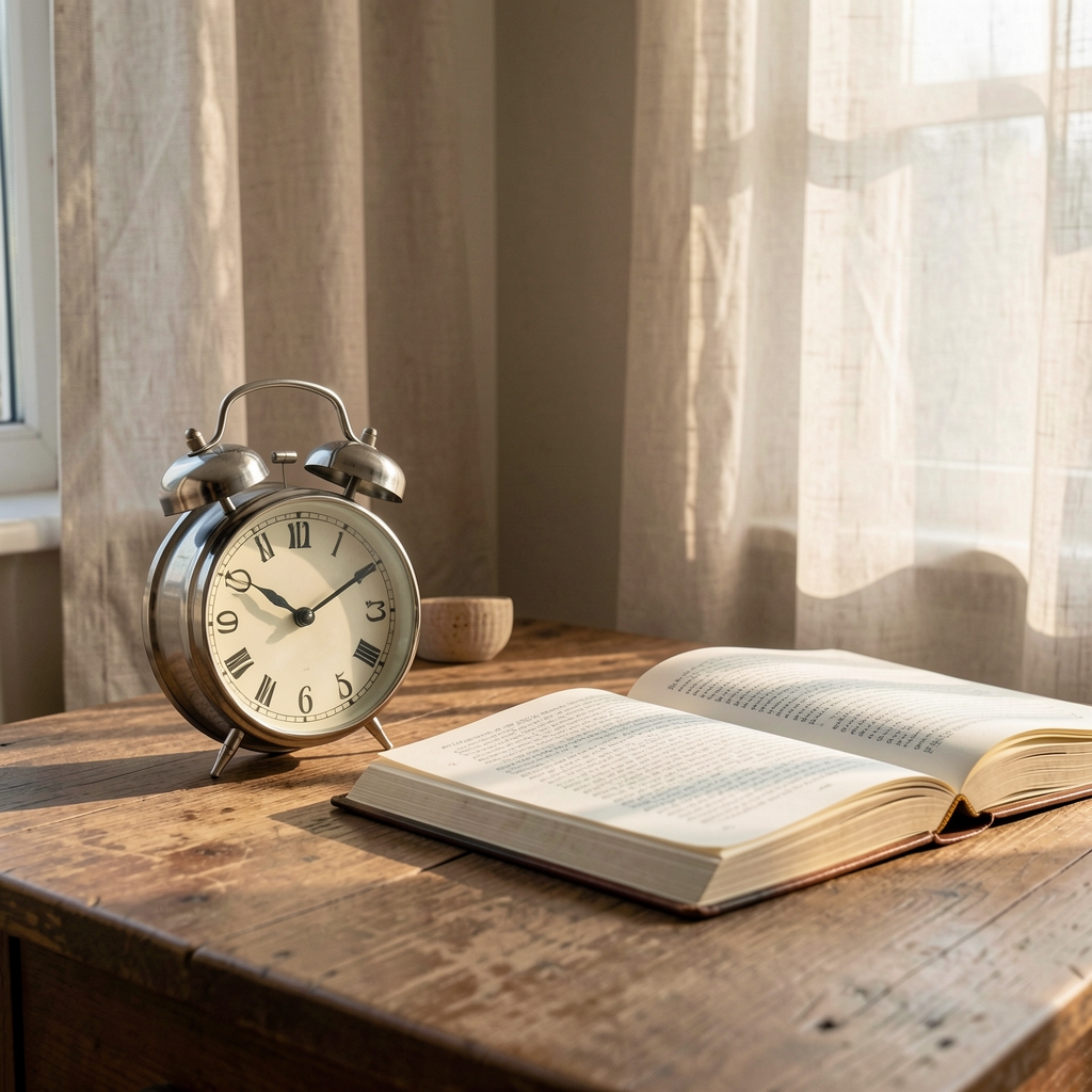 Clock and open journal on a wooden desk beside a window with early morning light filtering through linen curtains